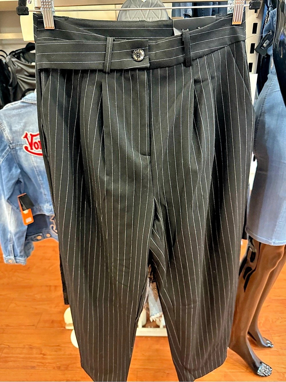 Nine West High Rise Barrel Leg Pinstripe Pants Women's Black Pinstripe Trousers